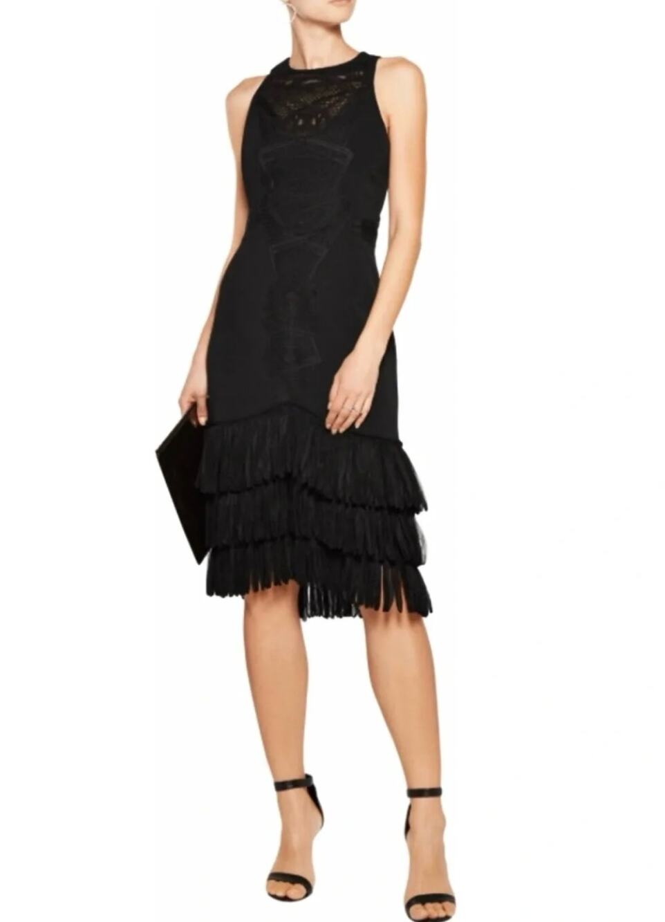 Jonathan Simkhai Fringe Midi Dress Womens 0 Black LBD Party Cocktail Sleeveless